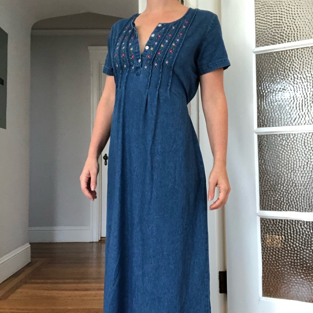 Denim Maxi Dress with Floral Embroidery